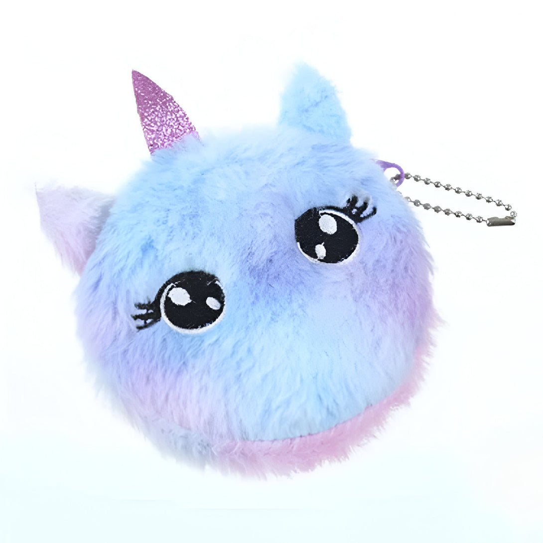 Image d'une petite bourse en forme de licorne en peluche avec des yeux brodés, des couleurs pastel (bleu et violet), une corne brillante, et une chaîne., 45501374529791 | Licorne Shop