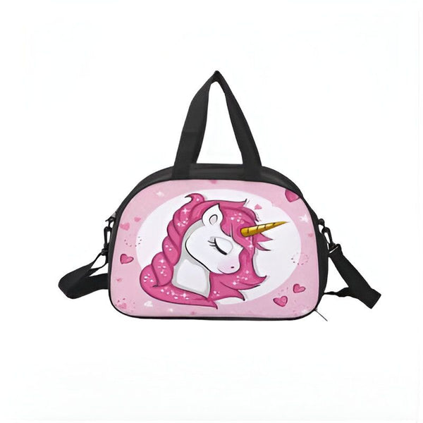 Sac de sport rose avec motif de licorne blanche à crinière rose et corne dorée, entourée de cœurs roses. Le sac a des anses noires et une bandoulière., 45501327114495 | Licorne Shop