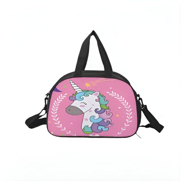 Sac de sport rose avec un dessin de licorne blanche à crinière colorée., 45501326950655 | Licorne Shop