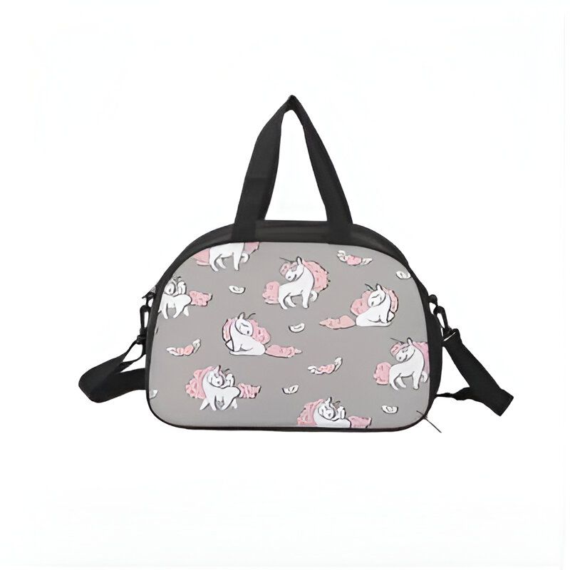 Sac de sport gris avec motif licorne rose et blanche. Poignées noires sur le dessus et une bandoulière noire sur le côté., 45501327147263 | Licorne Shop