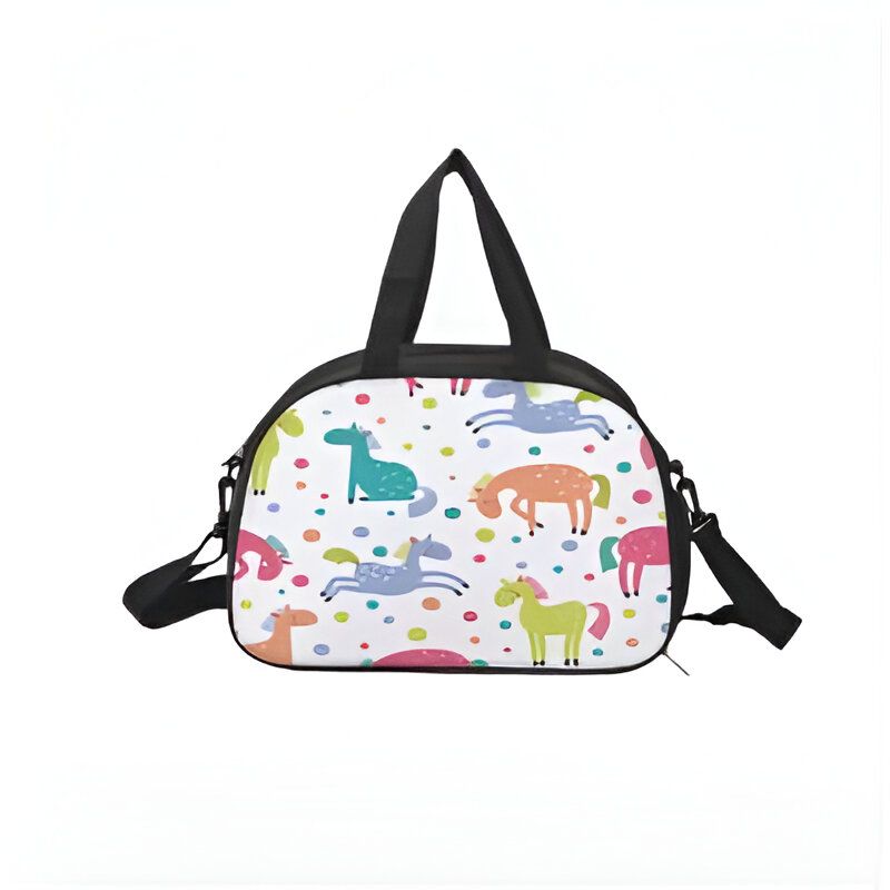 Sac de sport blanc avec motif de chevaux colorés. Sac de voyage pour enfants avec poignées noires et bandoulière. Accessoire de sport original et pratique., 45501327212799 | Licorne Shop