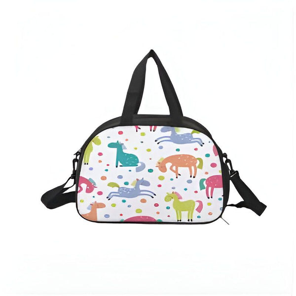 Sac de sport blanc avec motif de chevaux colorés. Sac de voyage pour enfants avec poignées noires et bandoulière. Accessoire de sport original et pratique., 45501327212799 | Licorne Shop