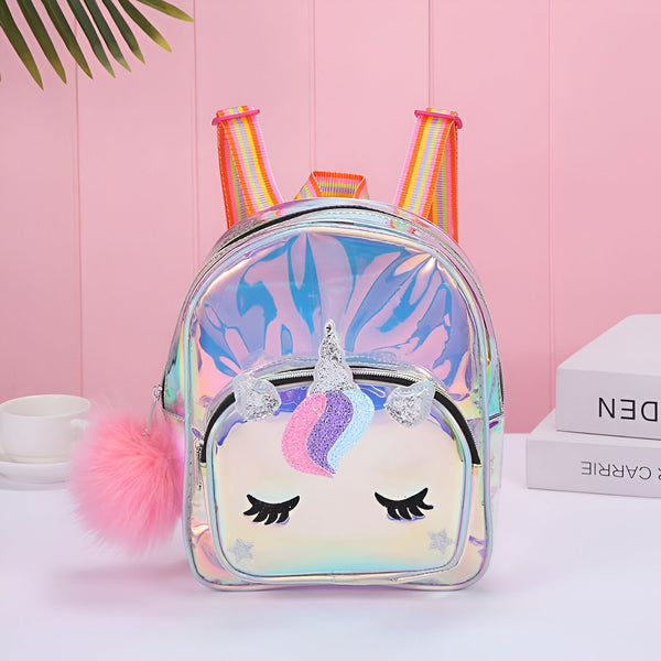 Sac à dos pour enfant en forme de licorne, couleur arc-en-ciel irisé avec une petite queue rose duveteuse. Bretelles colorées et fermeture éclair argentée. Accessoire mignon pour l'école ou les loisirs., 45501270360319 | Licorne Shop