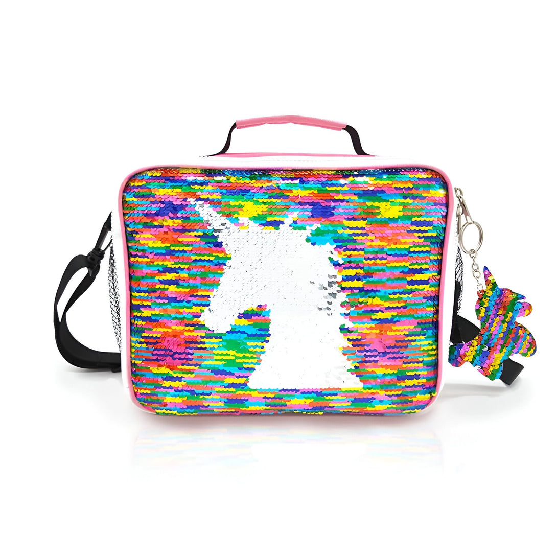 Sac à lunch isotherme blanc avec motif licorne pailleté arc-en-ciel. Il y a une bandoulière noire réglable, une poignée rose et un porte-clés licorne arc-en-ciel. Idéal pour l'école ou le pique-nique., 45501325869311 | Licorne Shop