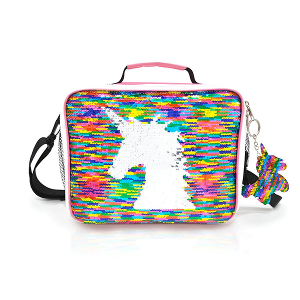 Sac à lunch isotherme blanc avec motif licorne pailleté arc-en-ciel. Il y a une bandoulière noire réglable, une poignée rose et un porte-clés licorne arc-en-ciel. Idéal pour l'école ou le pique-nique., 45501325869311 | Licorne Shop