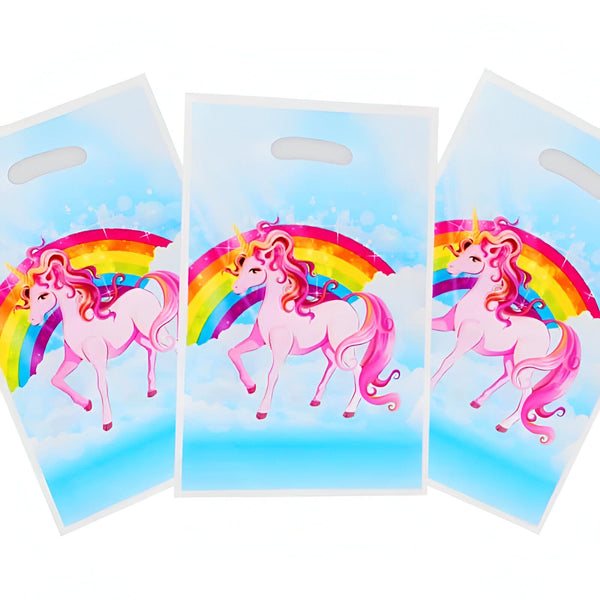 Sacs à cadeaux d'anniversaire à l'effigie de licornes roses avec arc-en-ciel et ciel bleu. Ces sacs festifs sont parfaits pour les fêtes d'enfants sur le thème des contes de fées., 45501306831103 | Licorne Shop