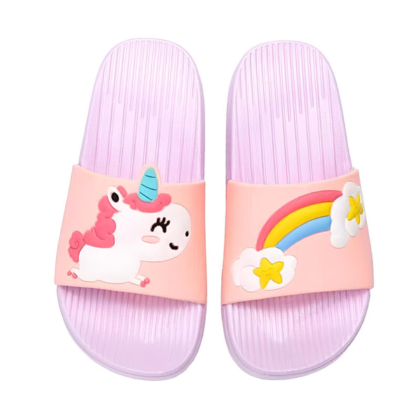 Paire de pantoufles pour enfants lilas et rose avec un motif de licorne et d'arc-en-ciel. Sandales amusantes pour l'été. Chaussures pour filles avec des personnages mignons., 45502340366591,45502340399359,45502340432127,45502340464895,45502340497663,45502340530431,45502340563199,45502340595967,45502340628735 | Licorne Shop