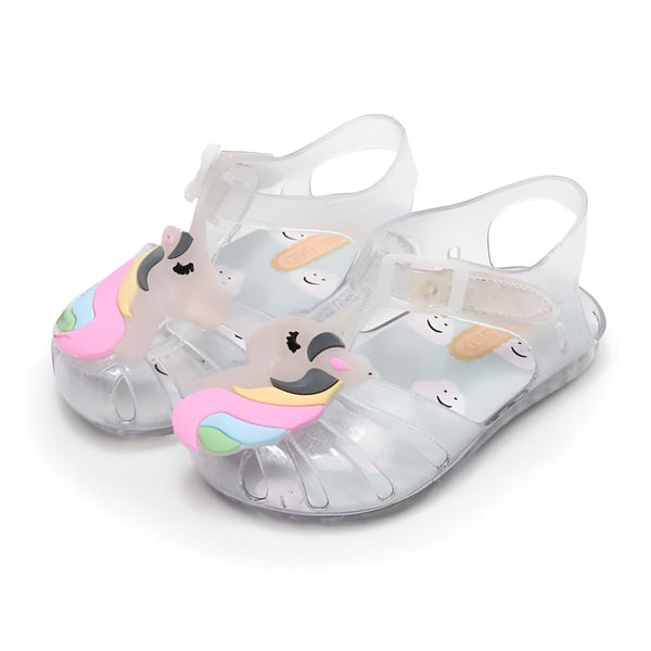 Sandales en plastique transparent pour enfants, décorées de licornes et de motifs de nuages souriants. Chaussures d'été mignonnes et originales pour les petits., 45502340071679,45502340104447,45502340137215,45502340169983,45502340202751,45502340235519,45502340268287,45502340301055,45502340333823 | Licorne Shop