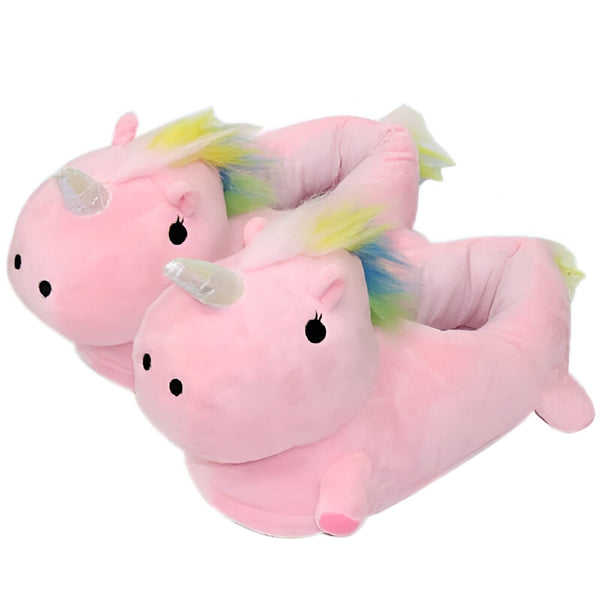 Paire de pantoufles licorne roses en peluche avec crinière multicolore et corne argentée. Chaussons confortables et douillets., 45502055219455,45502055252223,45502055284991,45502055317759,45502055350527,45502055383295,45502055416063,45502055448831,45502055481599 | Licorne Shop