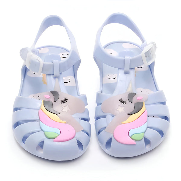 Paire de sandales de plage bleues pour enfants, décorées de motifs de licorne colorée. Chaussures parfaites pour l'été, confortables et mignonnes., 45502337777919,45502337810687,45502337843455,45502337876223,45502337908991,45502337941759,45502337974527,45502338007295,45502338040063 | Licorne Shop
