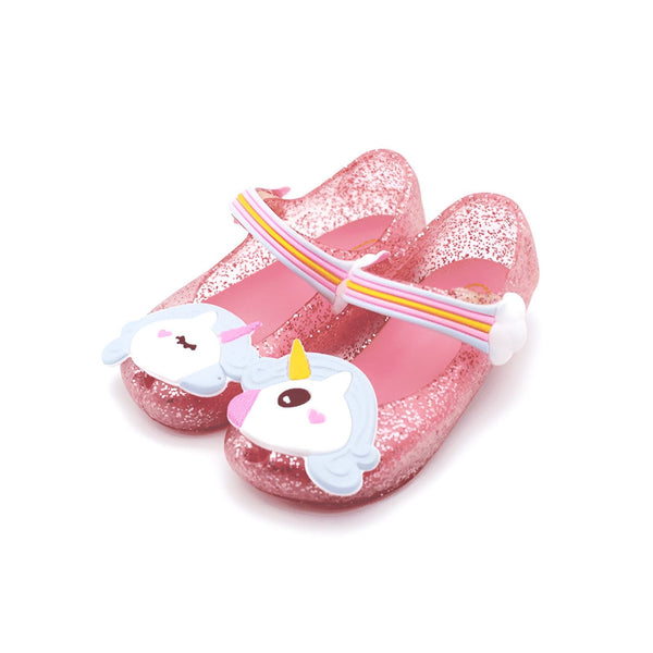 Chaussures pour enfants rose pailleté avec motif licorne et bride arc-en-ciel. Sandales mignonnes pour filles, idéales pour l'été. Chaussures enfant fantaisie et confortables., 45502338924799,45502338957567,45502338990335,45502339023103,45502339055871,45502339088639,45502339121407,45502339154175,45502339186943 | Licorne Shop