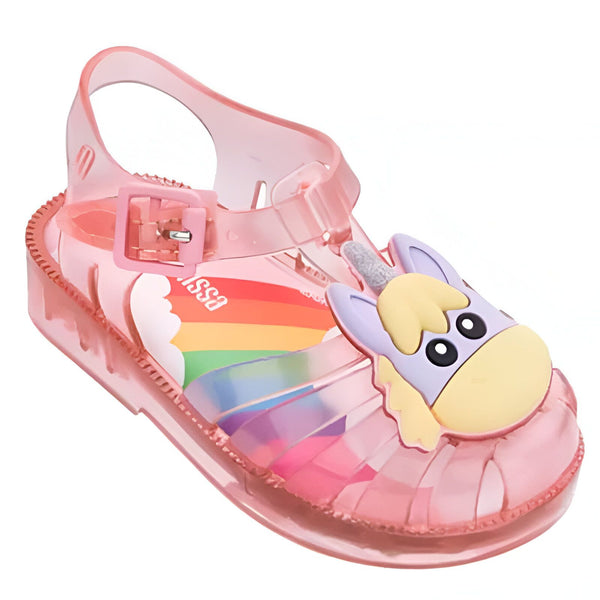 Sandale rose pour enfant avec décor d'licorne et motif arc-en-ciel sur la semelle intérieure. Idéale pour l'été., 45502057021695,45502057054463,45502057087231,45502057119999,45502057152767,45502057185535,45502057218303,45502057251071,45502057283839 | Licorne Shop