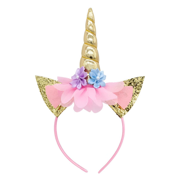 Serre-tête licorne avec une corne dorée, des oreilles à paillettes et des fleurs roses et bleues. Accessoire de déguisement pour enfants, parfait pour une fête d'anniversaire sur le thème des licornes ou pour un carnaval., 45502407540991 | Licorne Shop