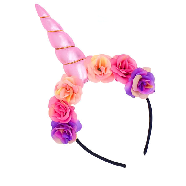 Serre-tête licorne avec une corne rose et des décorations de fleurs roses, violettes et orange. Accessoire de déguisement féerique et mignon., 45501407625471 | Licorne Shop