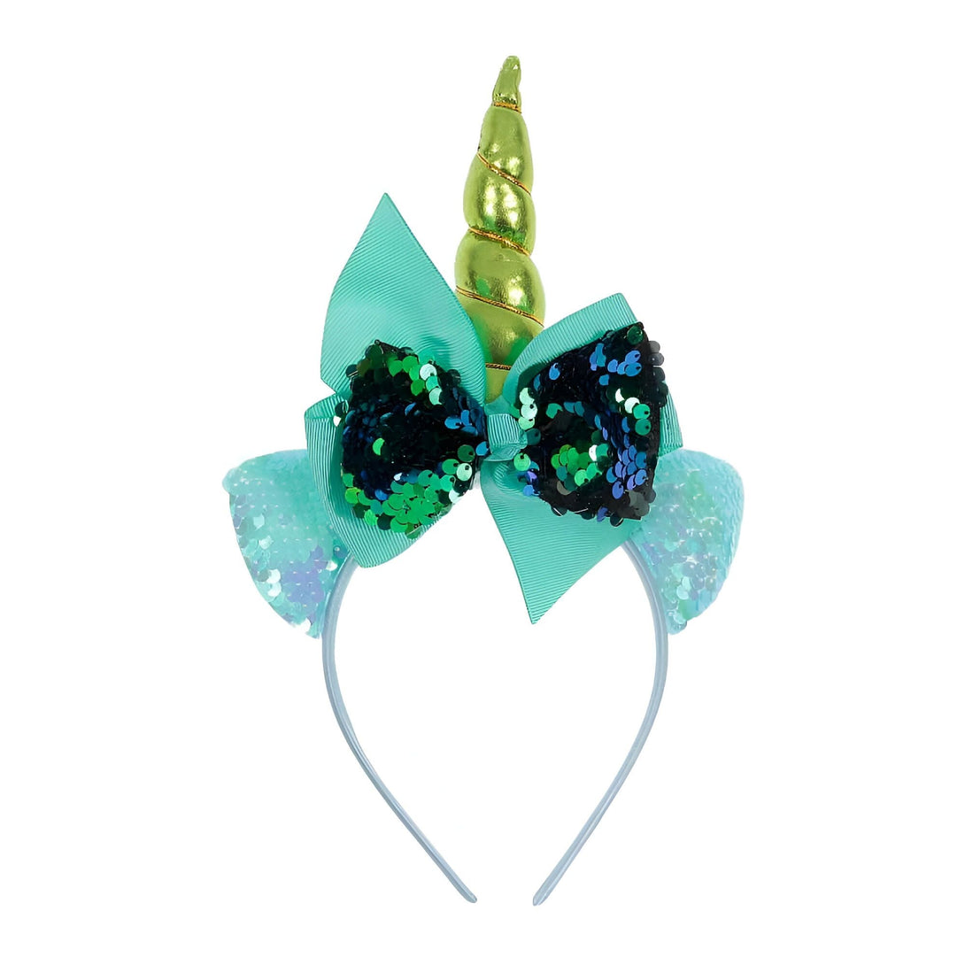 Serre-tête licorne décoratif avec corne dorée, oreilles à paillettes bleu clair et nœud à paillettes bleu et vert. Accessoire de fête fantaisie., 45501377577215 | Licorne Shop