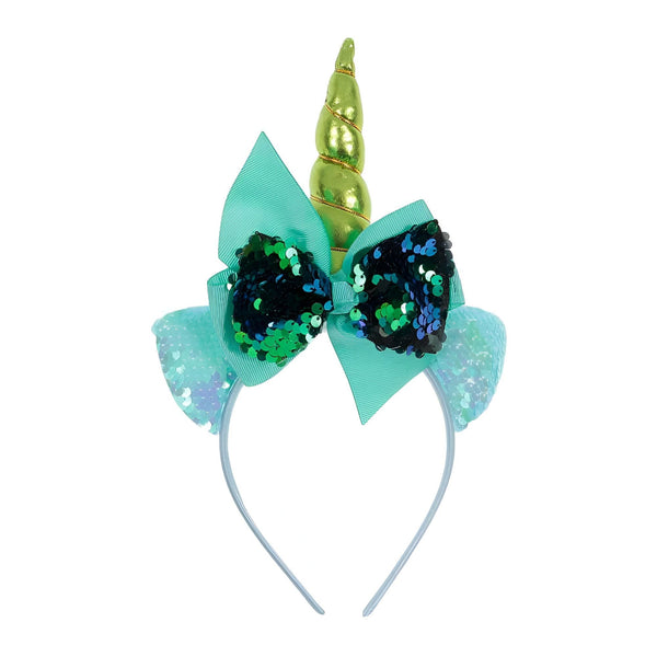 Serre-tête licorne décoratif avec corne dorée, oreilles à paillettes bleu clair et nœud à paillettes bleu et vert. Accessoire de fête fantaisie., 45501377577215 | Licorne Shop