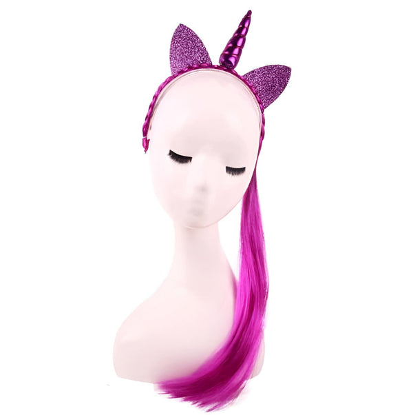 Serre-tête licorne violet scintillant sur un mannequin blanc, avec des oreilles, une corne et une crinière. Accessoire de fête ou de déguisement pour enfants., 45501332816127 | Licorne Shop
