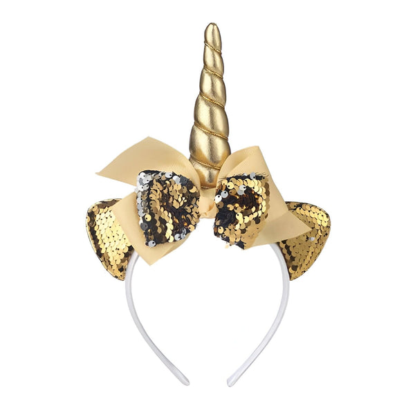 Serre-tête licorne doré avec corne brillante, nœud en satin beige et oreilles scintillantes à paillettes dorées. Accessoire de déguisement fantaisie., 45501339992319 | Licorne Shop