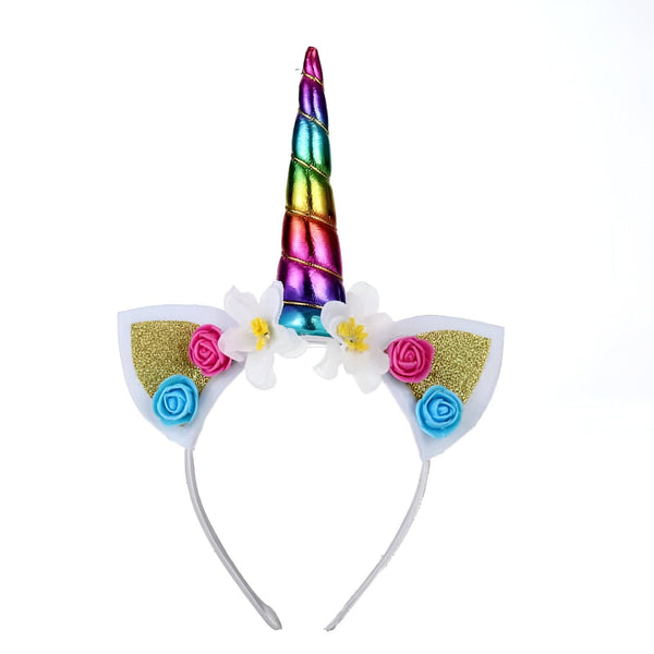 Serre-tête licorne avec corne arc-en-ciel brillante, oreilles blanches pailletées et fleurs colorées. Accessoire de déguisement fantaisie pour enfants et adultes, idéal pour fêtes et événements thématiques., 45501377020159 | Licorne Shop
