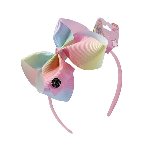 Serre-tête rose avec un grand nœud multicolore, rose, jaune, bleu et vert, de style JoJo Siwa. Accessoire de cheveux tendance pour enfants., 45501377249535 | Licorne Shop