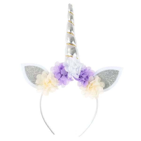 Serre-tête licorne avec corne argentée et décorations florales violettes et blanches. Oreilles scintillantes argentées. Accessoire de déguisement féérique., 45502406525183 | Licorne Shop