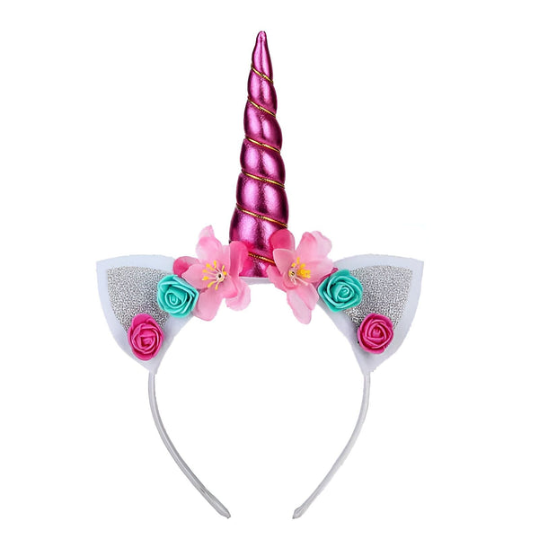 Serre-tête licorne avec corne rose, oreilles blanches pailletées et fleurs roses et turquoise. Accessoire de déguisement fantaisie., 45502408425727 | Licorne Shop