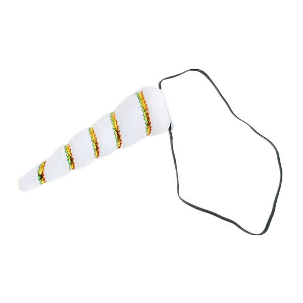Corne de licorne blanche en peluche avec élastique pour la tête. Accessoire de déguisement avec des décorations colorées. Idéal pour fêtes et événements thématiques., 45501408641279 | Licorne Shop