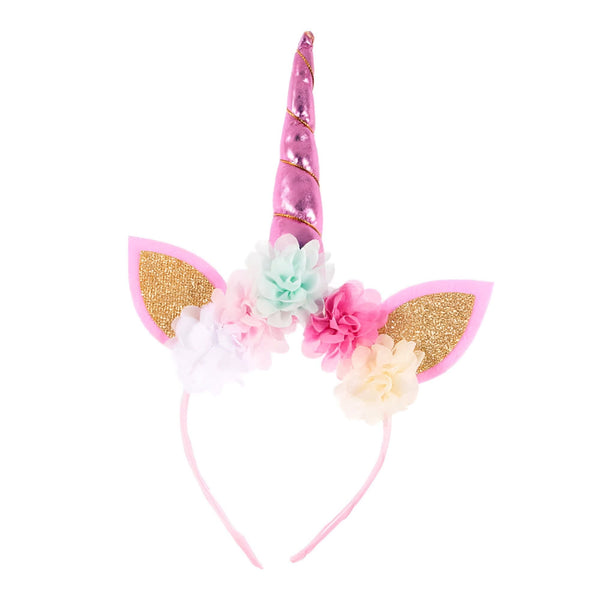 Serre-tête licorne rose avec des oreilles dorées brillantes et une corne étincelante. Décoré de fleurs pastel. Accessoire de déguisement fantaisie pour les enfants., 45501334749439 | Licorne Shop
