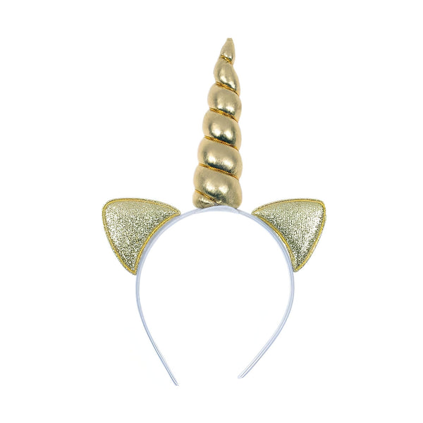 Serre-tête licorne avec une corne dorée torsadée et des oreilles pailletées. Accessoire de déguisement festif pour enfants et adultes. Idéal pour les anniversaires, les fêtes costumées et le carnaval., 45501338845439 | Licorne Shop