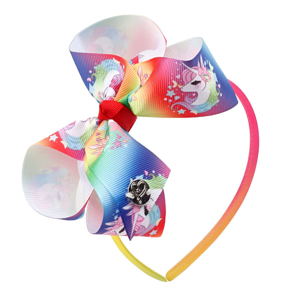 Serre-tête pour enfant avec grand nœud multicolore à motifs de licornes. Accessoire de coiffure fantaisie pour filles. Nœud en ruban arc-en-ciel avec motif licorne sur bandeau coloré., 45501375742207 | Licorne Shop
