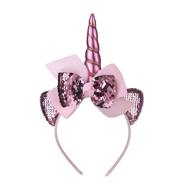 Serre-tête licorne rose avec corne brillante, oreilles à sequins et noeud décoratif. Accessoire de cheveux fantaisie pour filles, idéal pour les fêtes et les déguisements., 45501376332031 | Licorne Shop