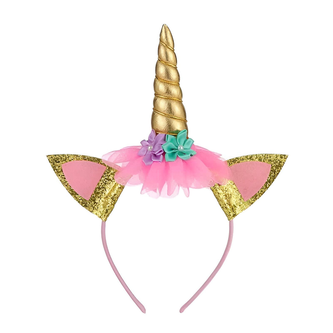 Serre-tête licorne rose et or avec une corne dorée, des oreilles pailletées et des fleurs décoratives, idéal pour les fêtes et déguisements., 45501338616063 | Licorne Shop