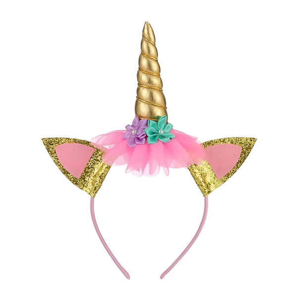 Serre-tête licorne rose et or avec une corne dorée, des oreilles pailletées et des fleurs décoratives, idéal pour les fêtes et déguisements., 45501338616063 | Licorne Shop