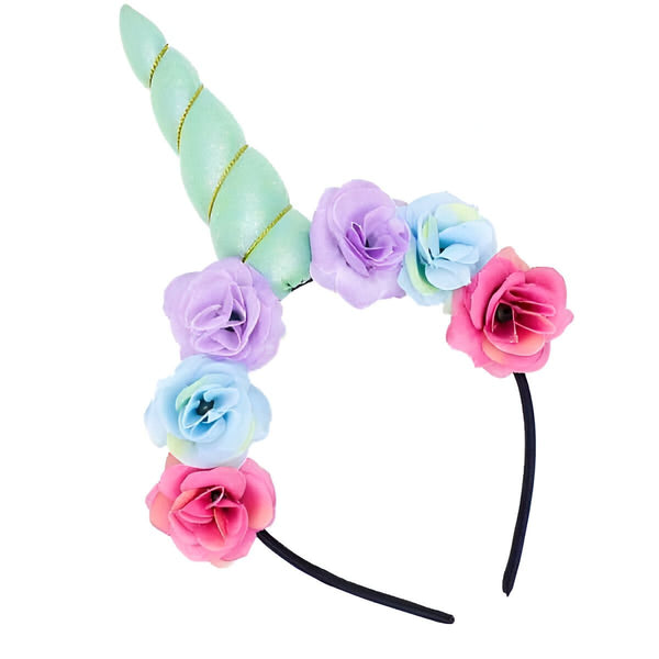 Serre-tête licorne avec une corne turquoise brillante et des roses colorées. Accessoire de déguisement pour enfant., 45501408608511 | Licorne Shop