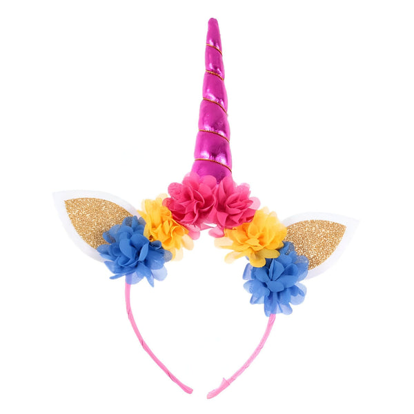 Serre-tête licorne rose avec corne brillante, oreilles dorées et fleurs colorées (bleu, jaune, rose). Accessoire de déguisement féérique., 45501332619519 | Licorne Shop