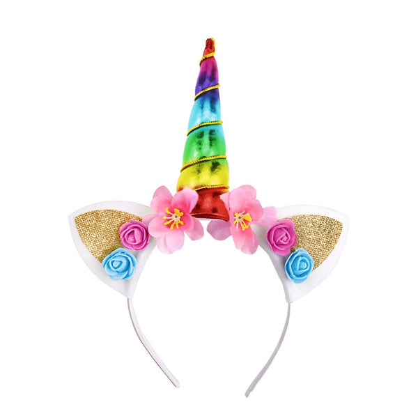 Serre-tête licorne avec une corne multicolore, des oreilles blanches pailletées et des fleurs roses et bleues. Accessoire de costume pour enfant, idéal pour une fête d'anniversaire ou un carnaval., 45501357588735 | Licorne Shop