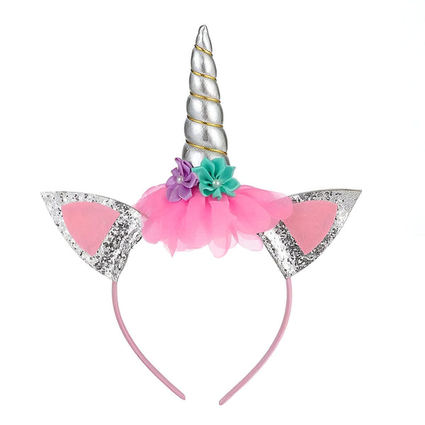 Serre-tête licorne avec corne argentée, oreilles pailletées, tulle rose et fleurs décoratives. Accessoire de déguisement pour enfants, idéal pour les fêtes et anniversaires sur le thème de la licorne., 45501375480063 | Licorne Shop