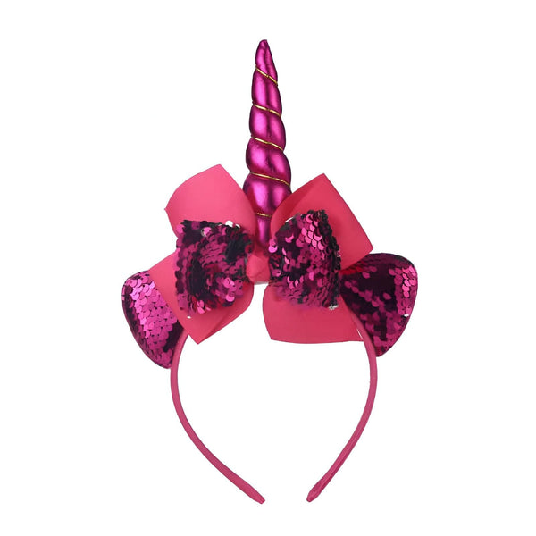 Serre-tête rose pour enfants avec une corne de licorne torsadée et des nœuds à paillettes roses, accessoire fantaisie pour une fête d'anniversaire ou Halloween., 45501376758015 | Licorne Shop