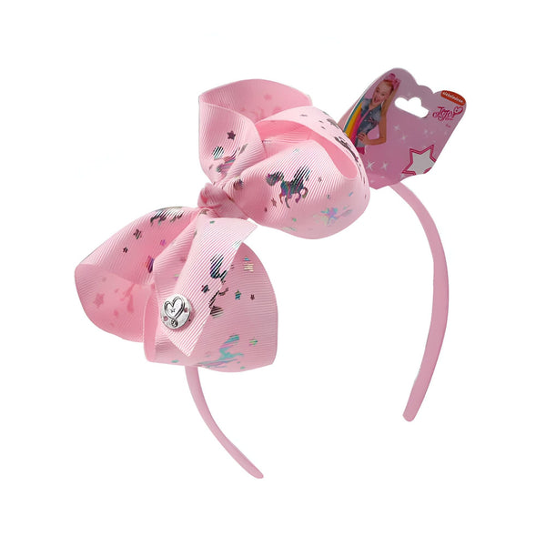Serre-tête rose JoJo Siwa avec un grand nœud orné de motifs de licornes et d'étoiles argentées. Un bouton en forme de cœur est visible sur le nœud., 45501376430335 | Licorne Shop