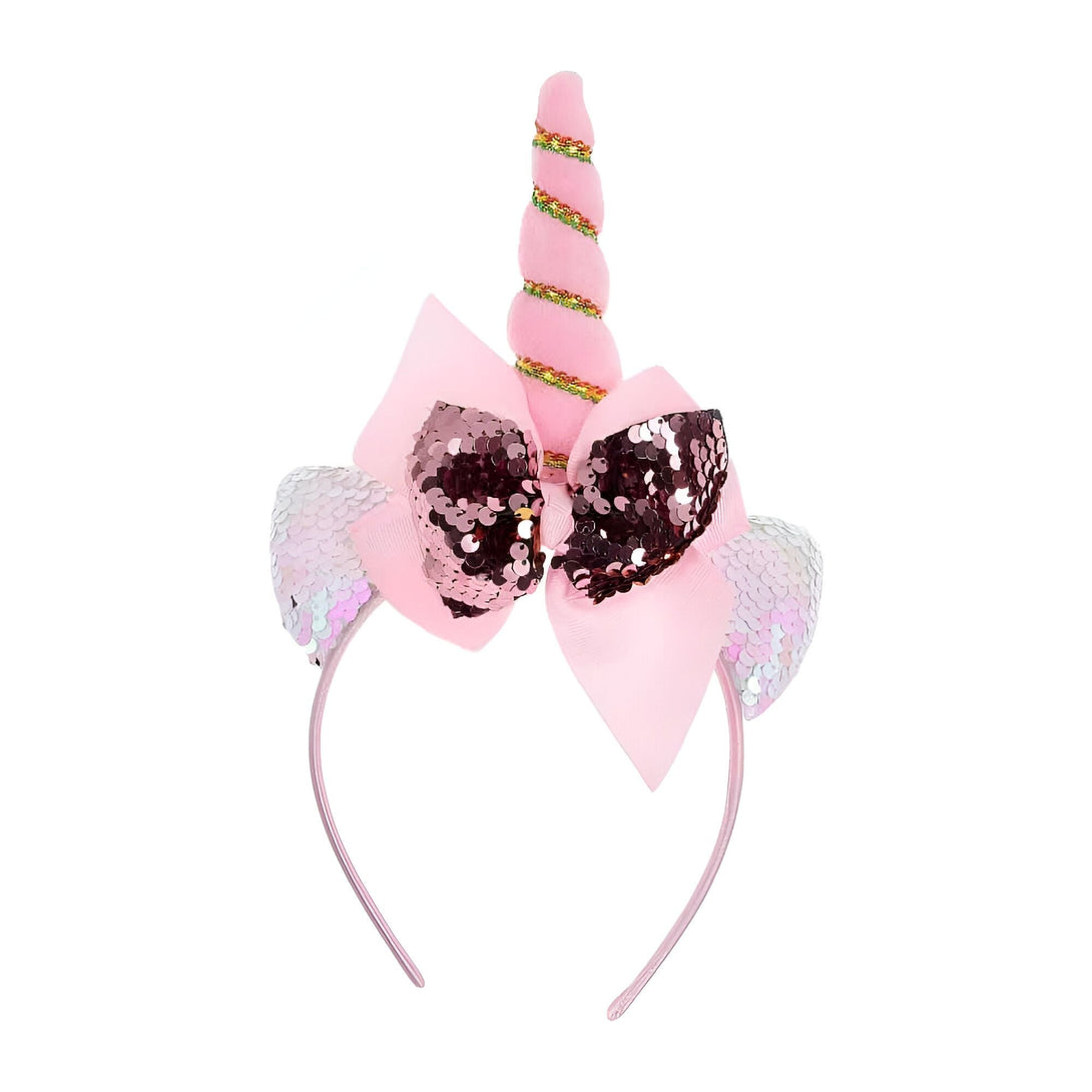 Serre-tête licorne rose avec corne torsadée, nœud à paillettes et oreilles brillantes. Accessoire de cheveux fantaisie pour enfants, idéal pour déguisements et fêtes d'anniversaire., 45501376233727 | Licorne Shop
