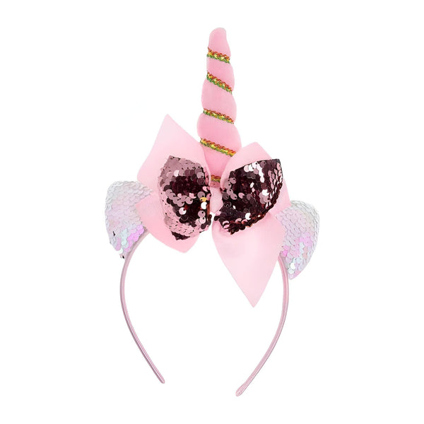Serre-tête licorne rose avec corne torsadée, nœud à paillettes et oreilles brillantes. Accessoire de cheveux fantaisie pour enfants, idéal pour déguisements et fêtes d'anniversaire., 45501376233727 | Licorne Shop