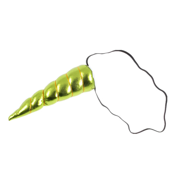 Corne de licorne verte et dorée avec élastique noir. Accessoire de déguisement pour enfant ou adulte. Idéal pour carnaval, fêtes d'anniversaire et soirées à thème., 45502407409919 | Licorne Shop