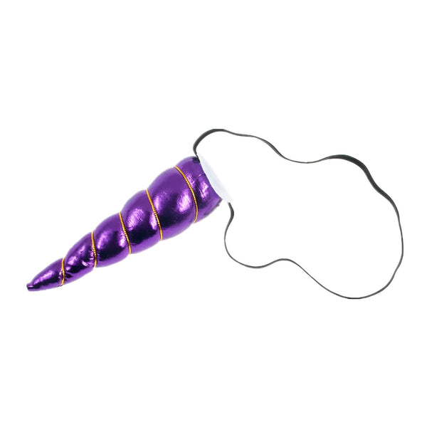 Corne de licorne violette avec élastique noir pour fixation, accessoire de déguisement, fantaisie et féerie. Décoration dorée en spirale., 45501376823551 | Licorne Shop