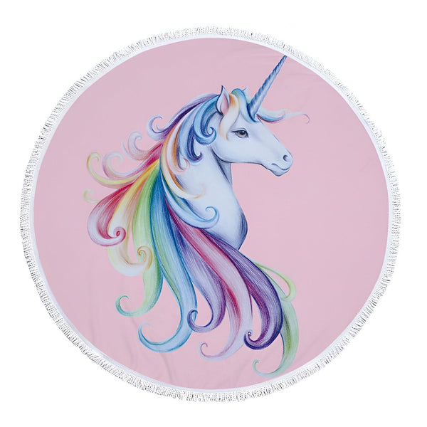 Serviette de plage ronde rose avec motif licorne aux crins arc-en-ciel. Détails de franges blanches. Design féerique et coloré., 45501225435391 | Licorne Shop