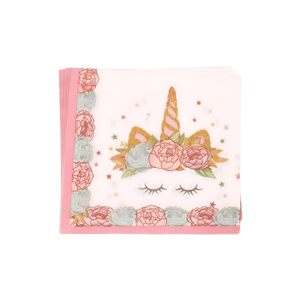 Serviettes en papier motif licorne florale. Idéal pour fêtes d'anniversaire, événements thématiques. Décoration de table festive. Motifs délicats, couleurs pastel., 45501360111871 | Licorne Shop