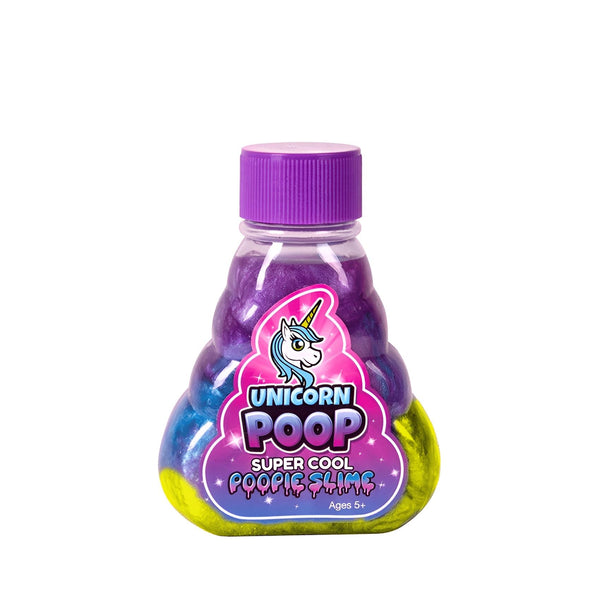 Bouteille de slime "Unicorn Poop" pour enfants. Le slime est violet, bleu et jaune. L'emballage est en forme de crotte avec un logo de licorne. Jouet pour enfants de 5 ans et plus., 45501395075327 | Licorne Shop