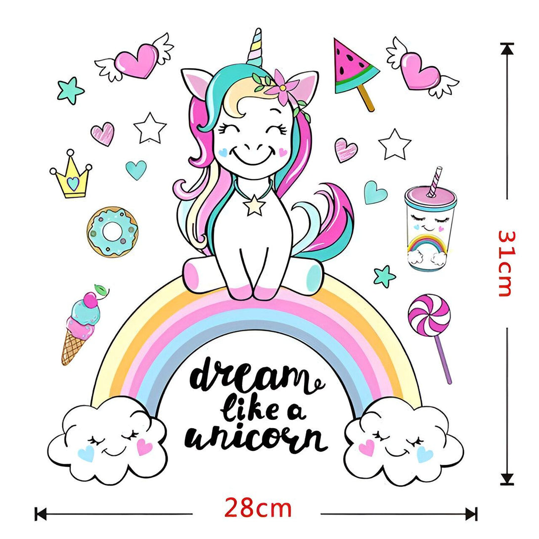 Une illustration colorée d'une licorne assise sur un arc-en-ciel. La licorne est entourée de coeurs, d'étoiles, de nuages, de beignets, de sucettes et de glaces. Le texte "Dream like a unicorn" est écrit sous la licorne.