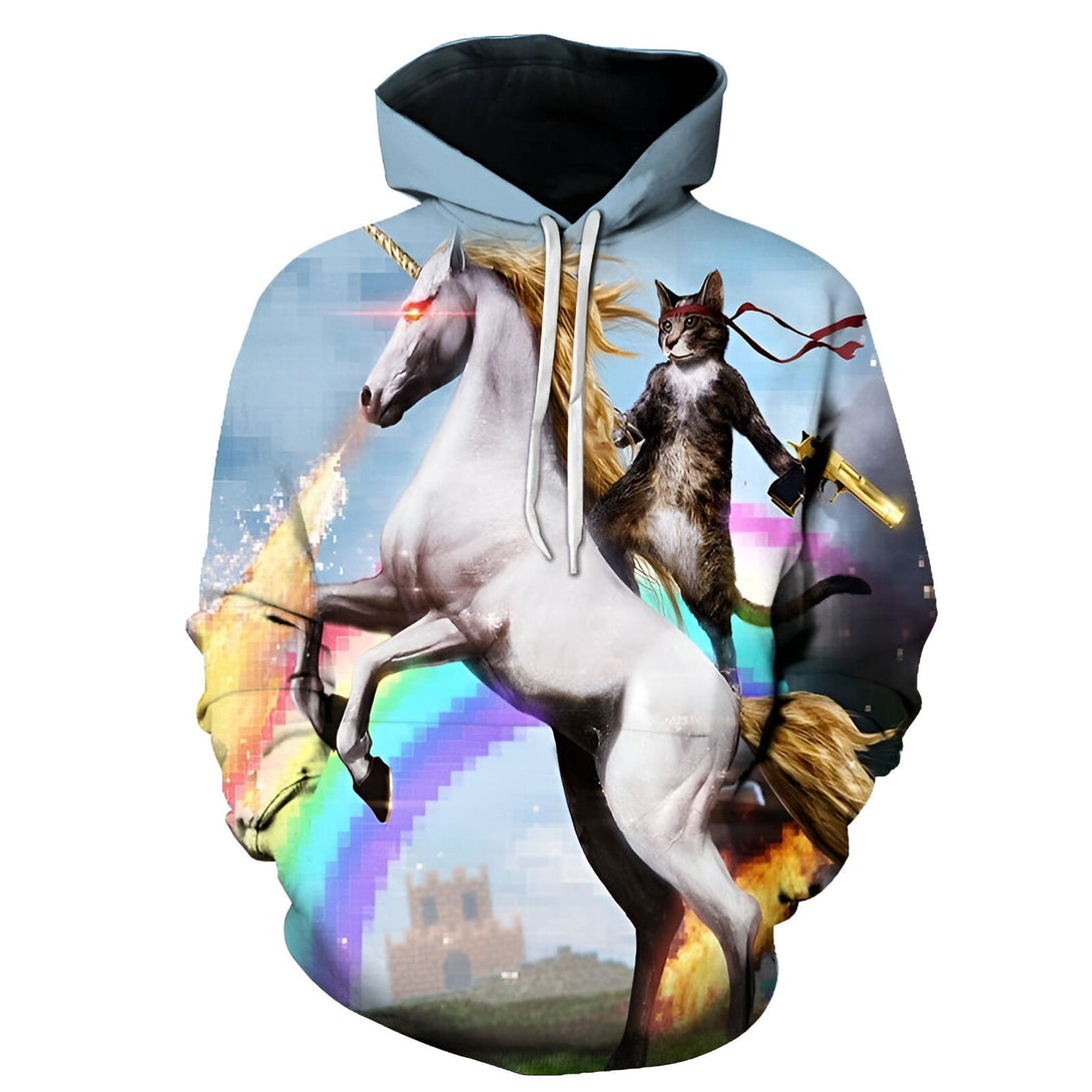 Sweat à capuche imprimé 3D avec un chat armé chevauchant une licorne crachant du feu. Style fantaisie et couleurs vives sur fond pixelisé avec un arc-en-ciel. Vêtement original et accrocheur., 45501693001983,45501693165823,45501693264127,45501693362431,45501693427967,45501693460735,45501693493503,45501693526271 | Licorne Shop