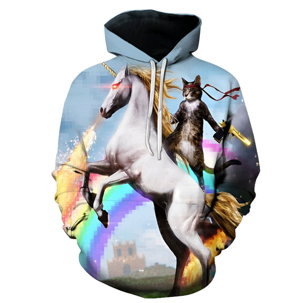 Sweat à capuche imprimé 3D avec un chat armé chevauchant une licorne crachant du feu. Style fantaisie et couleurs vives sur fond pixelisé avec un arc-en-ciel. Vêtement original et accrocheur., 45501693001983,45501693165823,45501693264127,45501693362431,45501693427967,45501693460735,45501693493503,45501693526271 | Licorne Shop