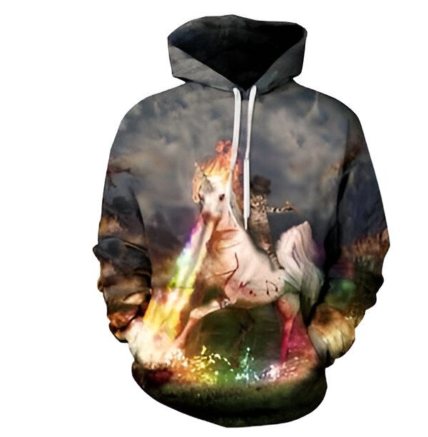 Sweat à capuche imprimé 3D avec un chat steampunk chevauchant une licorne crachant des arcs-en-ciel. Illustration fantaisie et humoristique sur fond nuageux. Vêtement original pour un style décalé., 45502209622271,45502209655039,45502209687807,45502209720575,45502209753343,45502209786111,45502209818879,45502209851647 | Licorne Shop